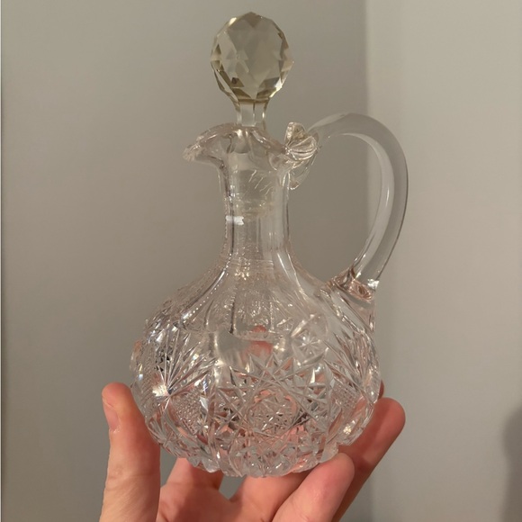 Antique Cut Glass Cruet with Handle & Stopper Etched Glass Decor Delicate Chip - Picture 2 of 14
